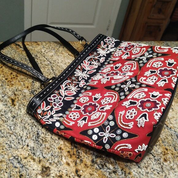 Isabella Fiori Beaded Sequined Canvas Leather Black Red Handbag Tote Bag - Picture 8 of 16
